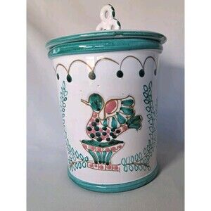Italian Art Pottery Canister Hand Painted Bird Signed Numbered